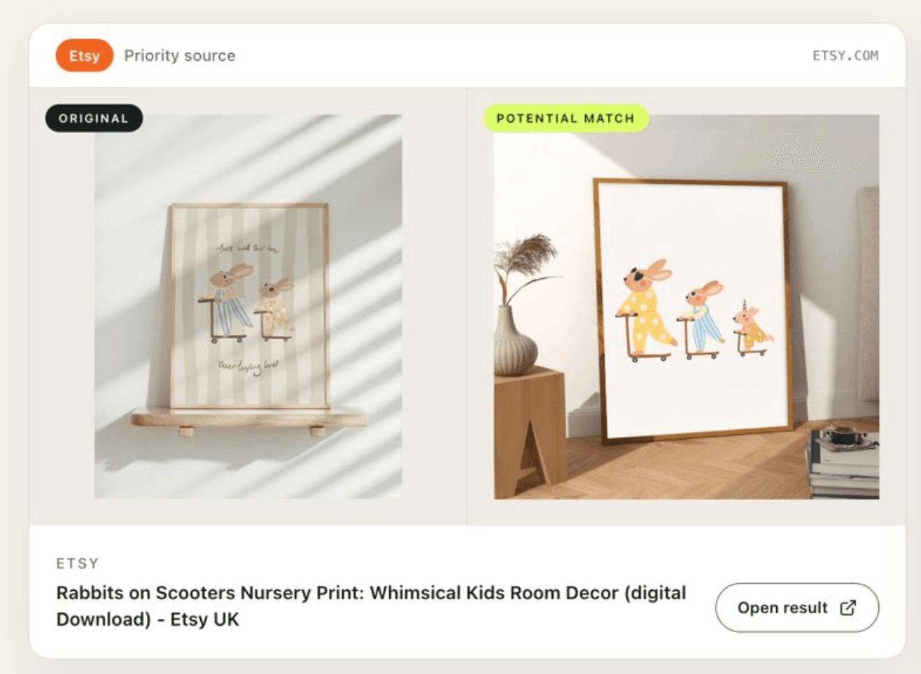 Copywatch result showing Steph's original rabbits-on-scooters artwork beside a potential match found on Etsy